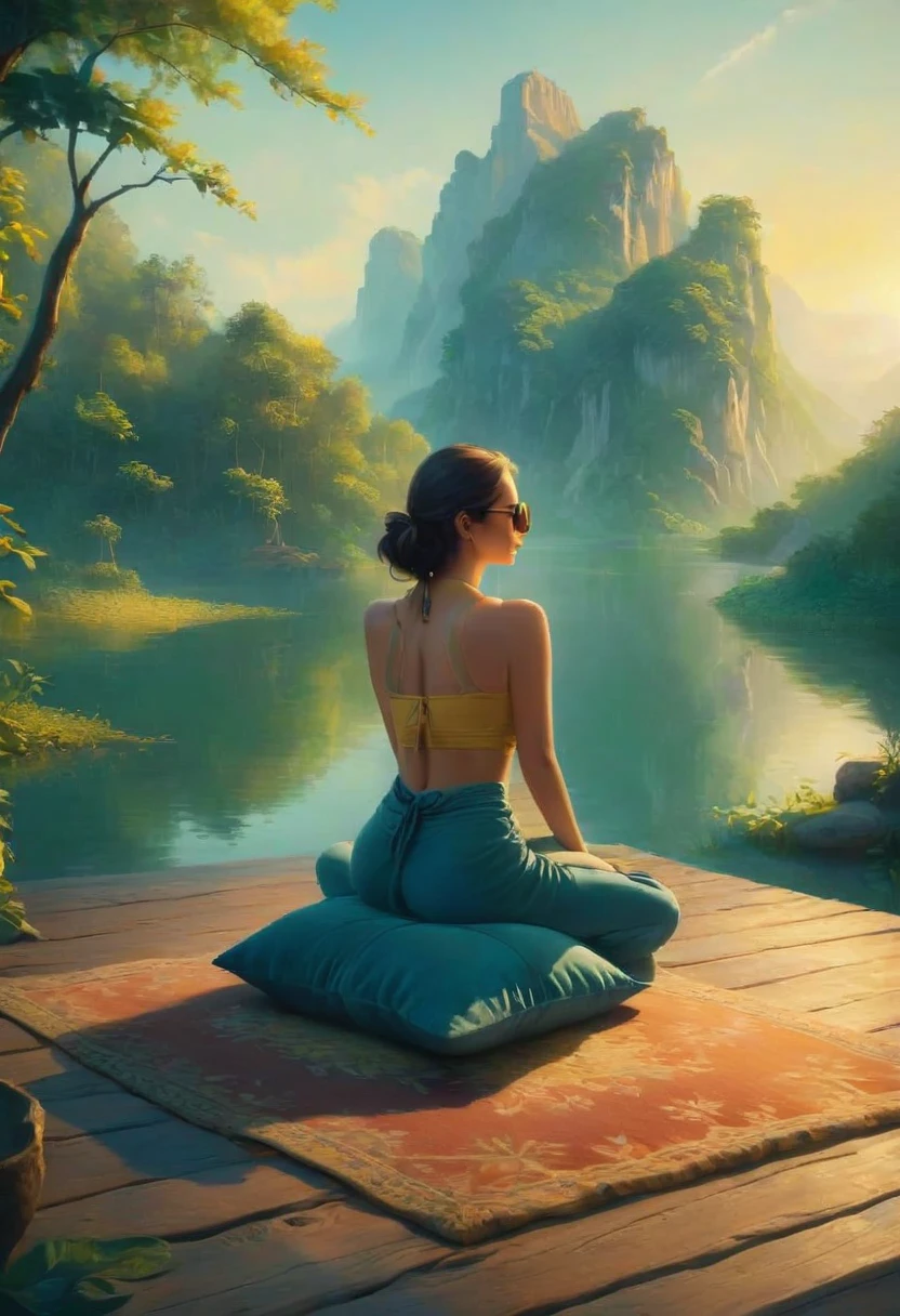 A woman filmed with her back facing the sunrise in a meditative position with nature and a calm lake around her, the woman is sitting on a rug and a cushion on a wooden pier, a color palette s]in shades of blue and yellow.. ultra realistic image,