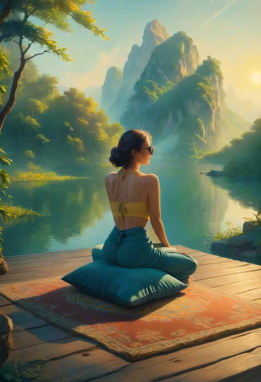 A woman filmed with her back facing the sunrise in a meditative position with nature and a calm lake around her, the woman is sitting on a rug and a cushion on a wooden pier, a color palette s]in shades of blue and yellow.. ultra realistic image,