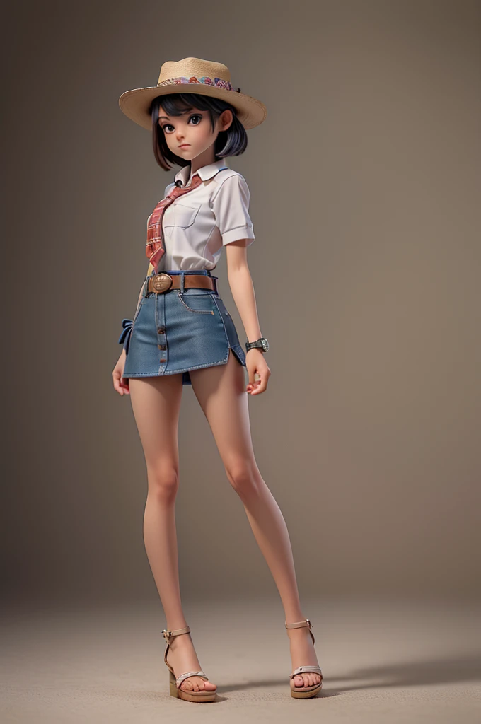 (((((alone))))),(((((masterpiece))))), (((((Best Quality))))),(((((Very detailed))))), finely, Depth of written boundary, Sharp details, Detailed clothing, High resolution,
One girl,Beautiful detailed face:1.3), ,(((Slim Body 1.5))),(((Small Ass))),(((Denim mini skirt))),(((Wear a western hat))),(((Wear a belt))),(((Wearing a short-sleeved collared shirt, Plaid, Front tie shirt.))),(((Wear an accurate watch))),(((Sandals)))