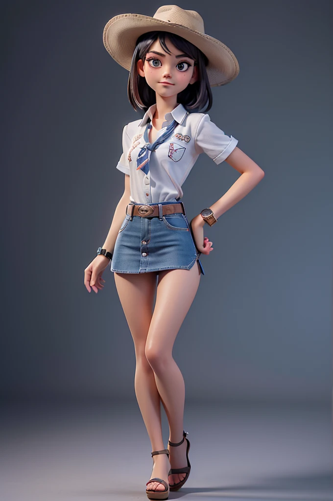 (((((alone))))),(((((masterpiece))))), (((((Best Quality))))),(((((Very detailed))))), finely, Depth of written boundary, Sharp details, Detailed clothing, High resolution,
One girl,Beautiful detailed face:1.3), ,(((Slim Body 1.5))),(((Small Ass))),(((Denim mini skirt))),(((Wear a western hat))),(((Wear a belt))),(((Wearing a short-sleeved collared shirt, Plaid, Front tie shirt.))),(((Wear an accurate watch))),(((Sandals)))