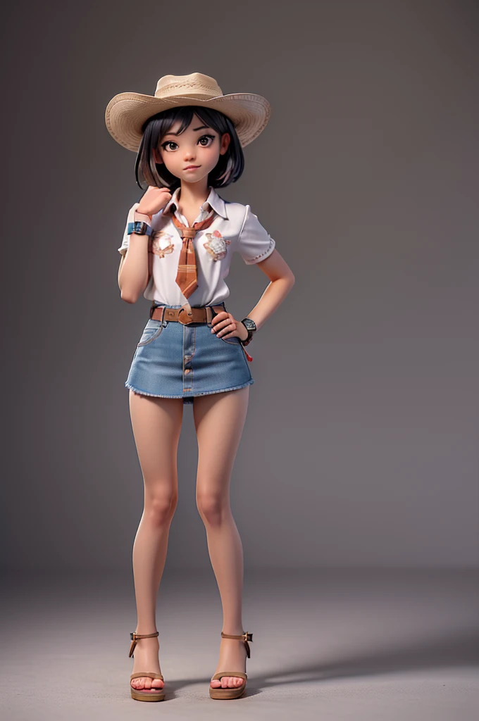 (((((alone))))),(((((masterpiece))))), (((((Best Quality))))),(((((Very detailed))))), finely, Depth of written boundary, Sharp details, Detailed clothing, High resolution,
One girl,Beautiful detailed face:1.3), ,(((Slim Body 1.5))),(((Small Ass))),(((Denim mini skirt))),(((Wear a western hat))),(((Wear a belt))),(((Wearing a short-sleeved collared shirt, Plaid, Front tie shirt.))),(((Wear an accurate watch))),(((Sandals)))