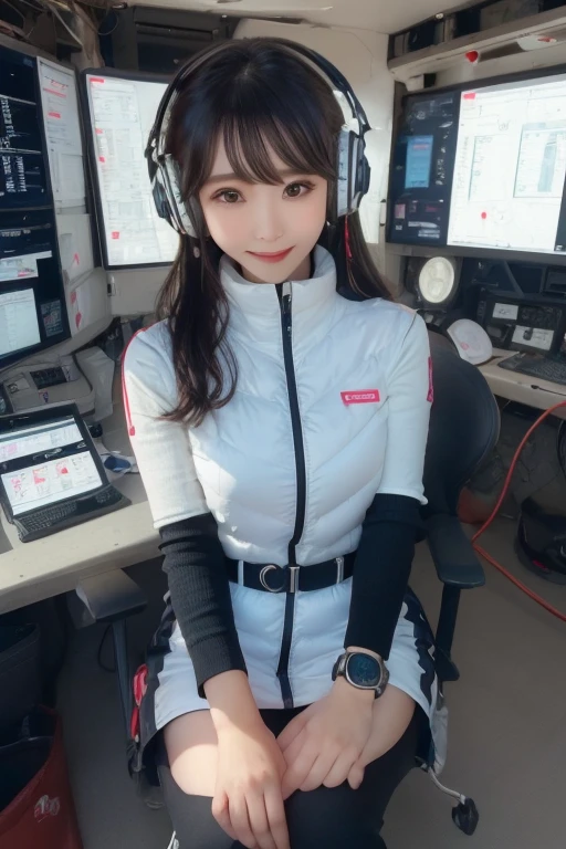 masterpiece, Highest quality, Very detailed, 8K Portrait,Japanese Android Girl,plump , Control panel,Robotic arms and legs, Blunt bangs,,break (Metallic Gray, Metallic luster, Mirror finish, Astro Best):5,headphone:5,break (Black sleeves):100,Smart Watches,Futuristic space station,Control Room,break headphone,blue eyes,(Black Hair):2,(Long Hair):1.3,Displaying the viewer,(respirator),break blush:3,Hidden Hand,smile