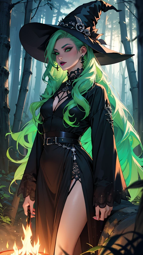 Ultra detailed, clothes details, fashion, goth, makeup, lattin drag queen, hole body, witch, green fire, long green hair, dark clothing, forest, night