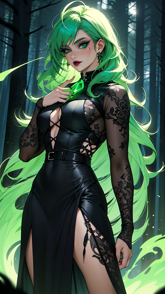 Ultra detailed, clothes details, fashion, goth, makeup, lattin drag queen, hole body, witch, green fire, long green hair, dark clothing, forest, night