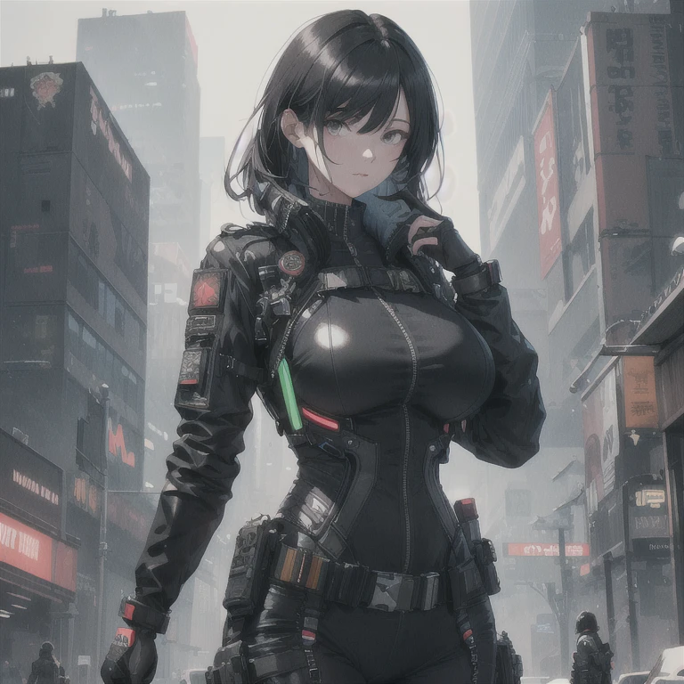 Absurd resolution, high resolution, (masterpiece: 1.4), hyper-detail, 1 woman, black hair, extremely large bust, huge breasts, fullbody covering pilot suit, techwear jacket, fitted utility pants, tech harness, near future scifi, cyberpunk asethetic, anime aesthetic