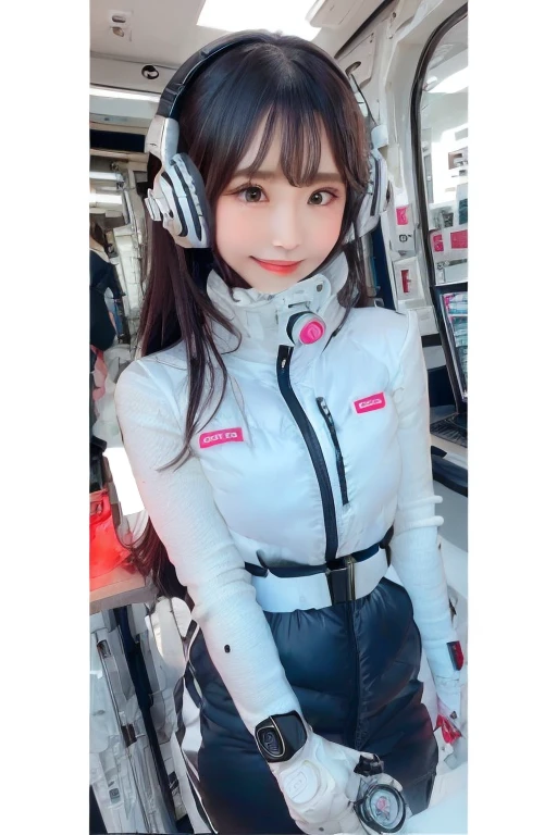 masterpiece, Highest quality, Very detailed, 8K Portrait,Japanese Android Girl,plump , Control panel,Robotic arms and legs, Blunt bangs,,break (Metallic Gray, Metallic luster, Mirror finish, Astro Best):5,headphone:5,break (Black sleeves):100,Smart Watches,Futuristic space station,Control Room,break headphone,blue eyes,(Black Hair):2,(Long Hair):1.3,Displaying the viewer,(respirator),break blush:3,Hidden Hand,smile
