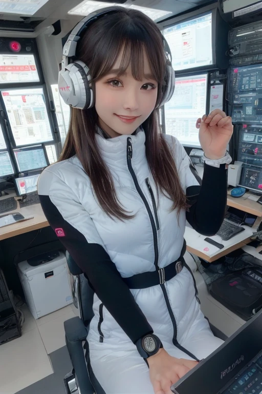 masterpiece, Highest quality, Very detailed, 8K Portrait,Japanese Android Girl,plump , Control panel,Robotic arms and legs, Blunt bangs,,break (Metallic Gray, Metallic luster, Mirror finish, Astro Best):5,headphone:5,break (Black sleeves):100,Smart Watches,Futuristic space station,Control Room,break headphone,blue eyes,(Black Hair):2,(Long Hair):1.3,Displaying the viewer,(respirator),break blush:3,Hidden Hand,smile