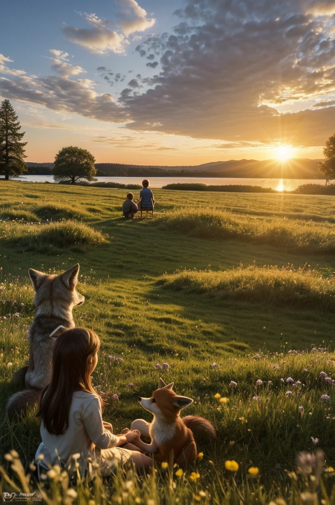 ((best quality)), ((masterpiece)), (Detailed), An anthropomorphic little wolf boy and an anthropomorphic little fox girl sit hand in hand in a meadow by a lake and watch the sunset.