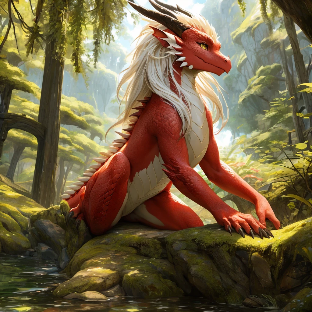 ultra-detailed, masterpiece, masterwork, high quality, best quality, hdr, (nature, japanese style), nsfw, female, solo, dragon, ((nude)), (little red body dragon), (white body), (long golden hair, yellow eyes), sitting, from below, dynamic angle,