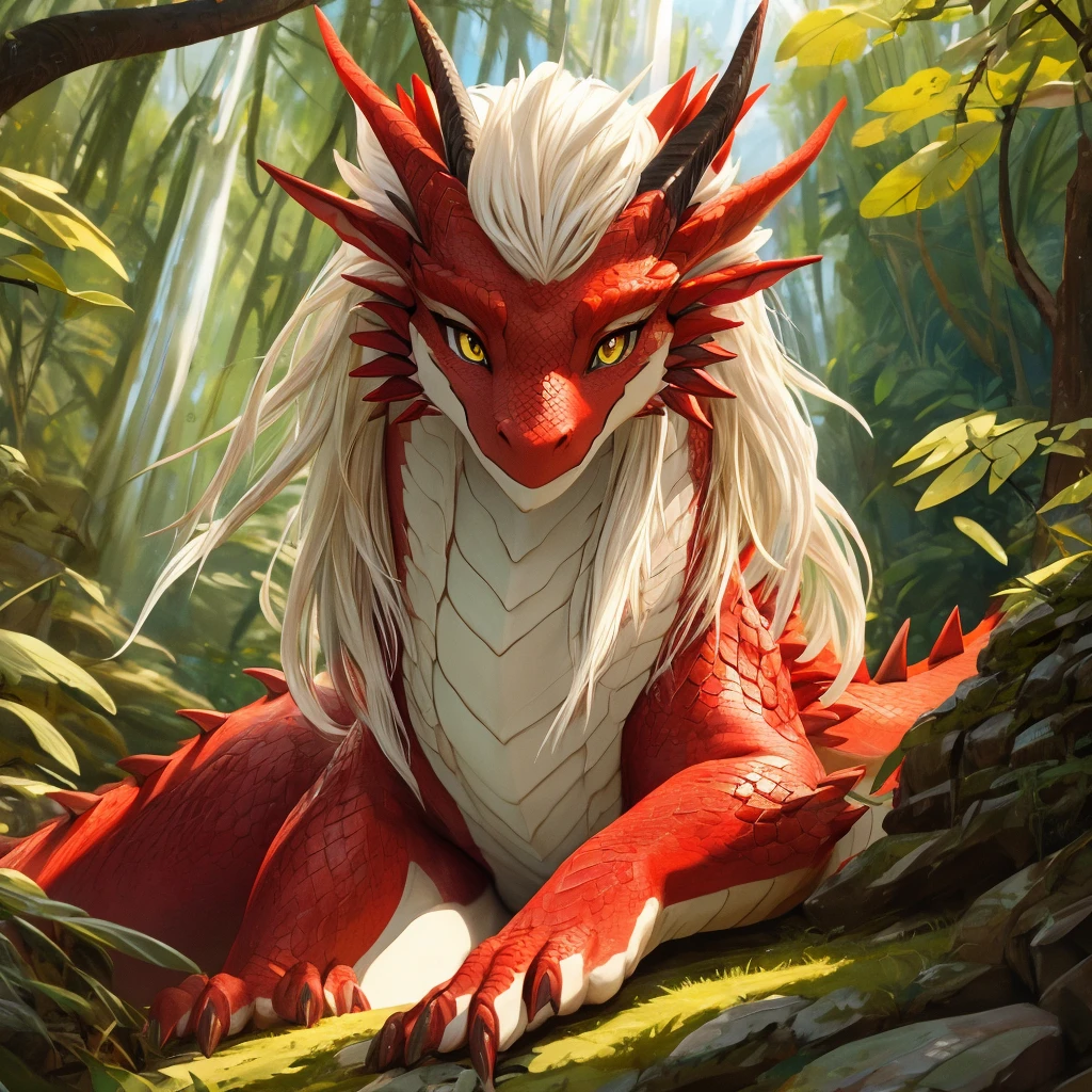 ultra-detailed, masterpiece, masterwork, high quality, best quality, hdr, (nature, japanese style), nsfw, female, solo, dragon, ((nude)), (little red body dragon), (white body), (long golden hair, yellow eyes), sitting, from below, dynamic angle,