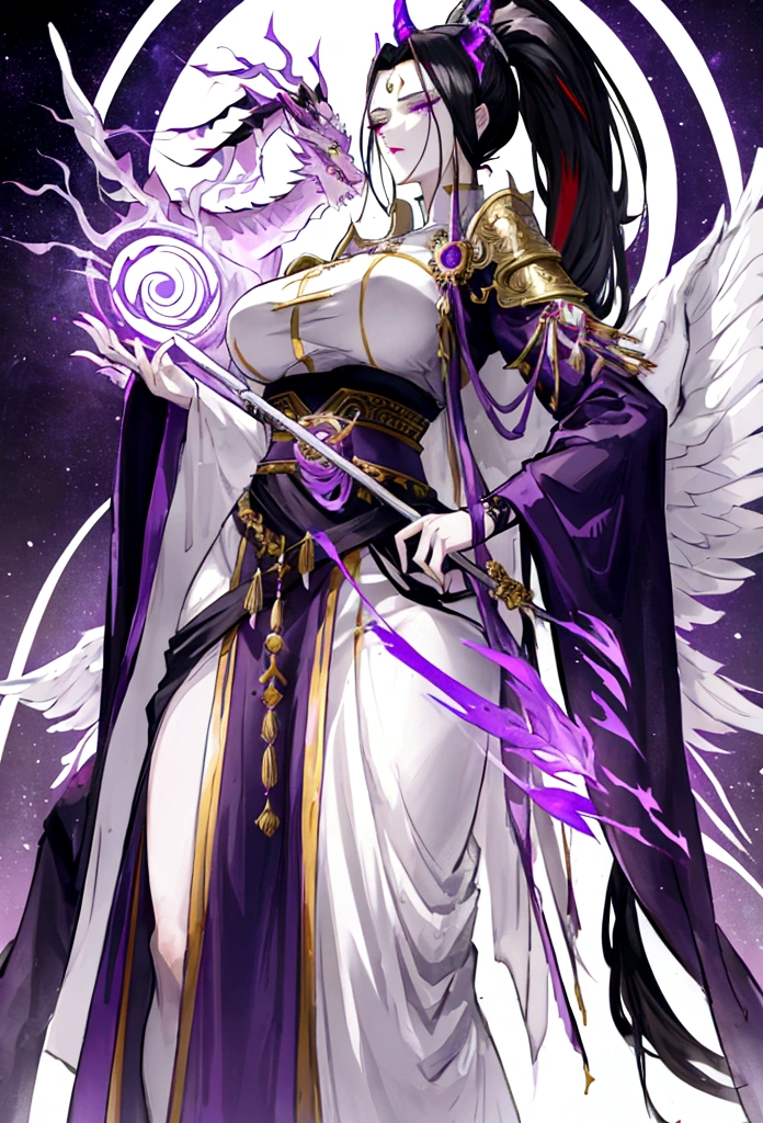 Mature tall woman, a war goddess, black hair with gray streaks, high ponytail, purple eyes, divine light, open white clothes, indifferent gaze, lipstick, dragon horns and tail, spears, reference, full height, phoenix