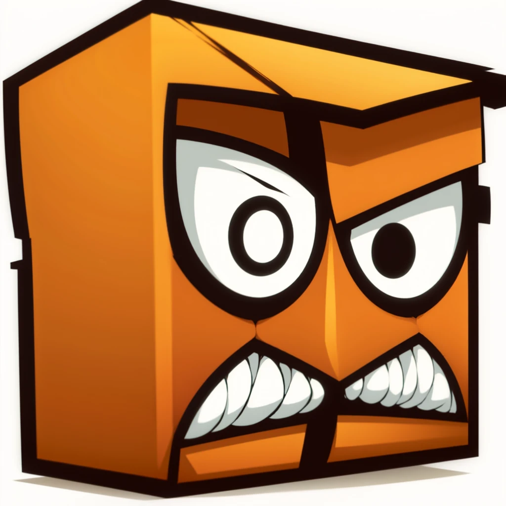 Make the character from the image (an angry orange cube floating around frowning) in another style, similar al toon