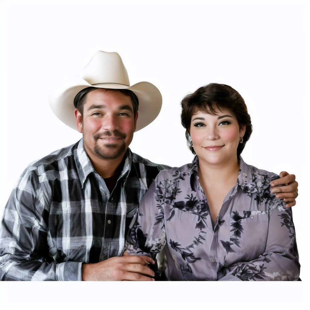 They are posing for a photo with a cowboy hat., couples portrait, portrait of two people, A Man and a Woman