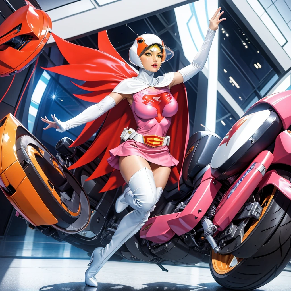 ANI_CLASSIC_jun_gatchaman_ownwaifu,1girl, 15yo,good anatomy, masterpiece, best quality,realistic, hyper realistic, 16k hdr, long hair,breasts,lips,large breasts,lipstick,makeup,gloves,cape,helmet,belt,elbow gloves,white gloves,mask,ultra miniskirt,leotard,spacesuit,white tight overknee highheels boots,pink dress,superhero,bodysuit,cleavage,erected nipples,(kick ass poses),cameltoe