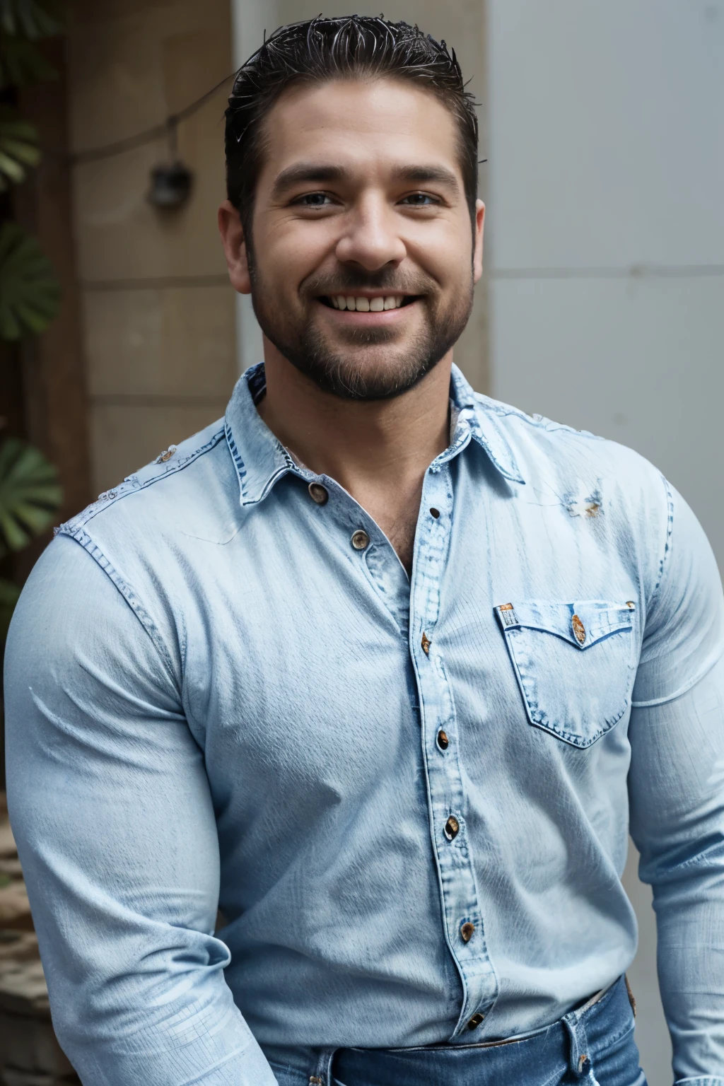 Award-winning original photoen, 30 years old man and wild muscular man, 40 years old, short beards, burly, hunk, wearing shirts, smilling happil, detailed, lovely, full body,  (((blue white jeans))) 
