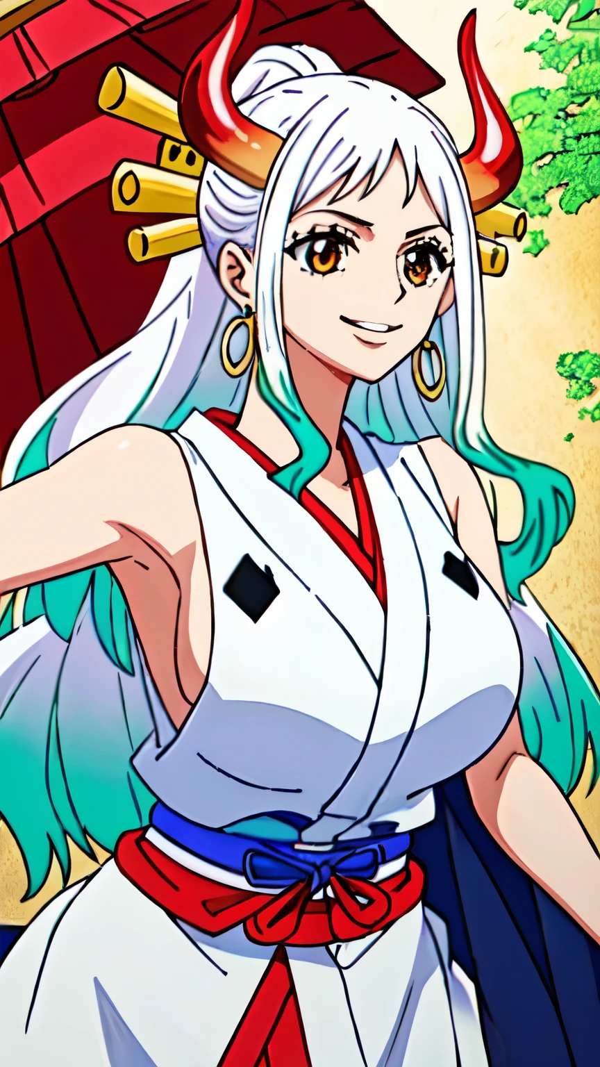 (masterpiece, best quality, high , 8k:1.2),anime,Yamato, Shimenawa, White hair, Earrings, Japanese clothing, 1 girl, Smiling, Armpits, Sleeveless, Colorful hair, Bare shoulders, cowboy shot, Solo, Horns, Side boob, Green hair, Sleeveless kimono, Long hair, Jewelry, Large breasts, red hakama,