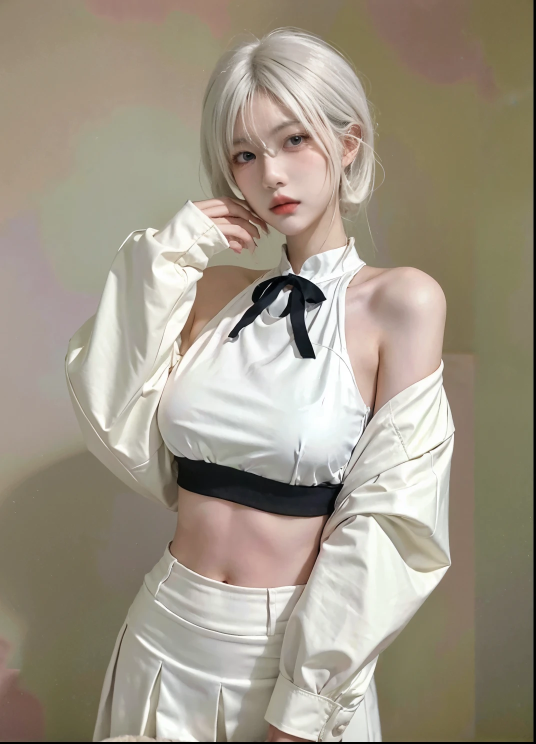 Beautiful woman with perfect figure:1.4，Ultra-high resolution，Put your hands behind your back，White background，（Realism:1.4)，Layered hairstyle，White skin，JK:1.5，Super short pleated skirt，whole body：1.4，Very delicate and skin texture，Double eyelids，Skin Whitening，Long hair，White hair
