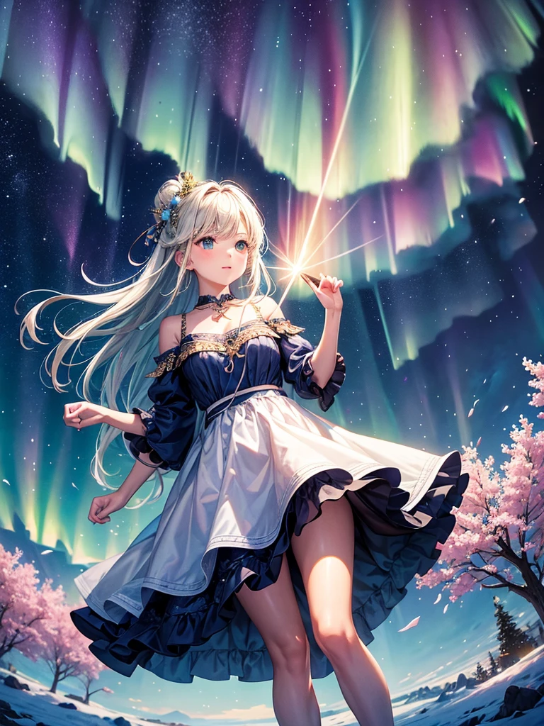 Highest quality,Highest Resolution,A beautiful girl makes a wish on a shooting star,Night Sky,Aurora,