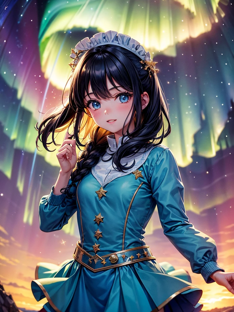 Highest quality,Highest Resolution,A beautiful girl makes a wish on a shooting star,Night Sky,Aurora,