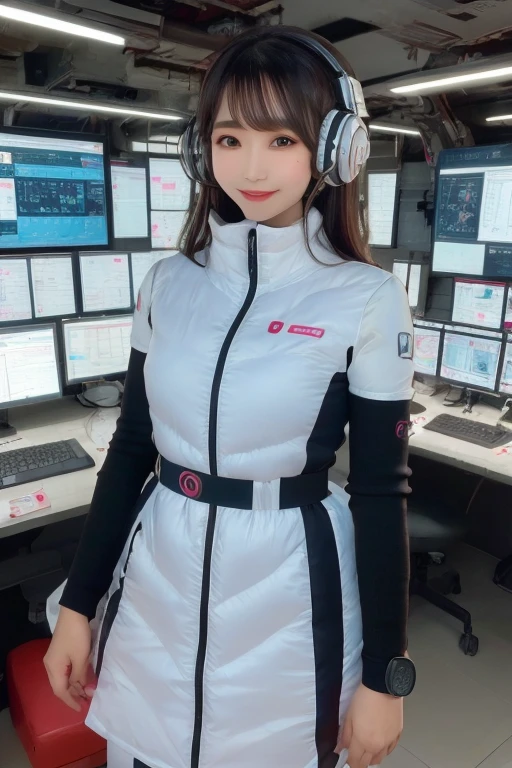 masterpiece, Highest quality, Very detailed, 8K Portrait,Japanese Android Girl,plump , Control panel,Robotic arms and legs, Blunt bangs,,break (Metallic Gray, Metallic luster, Mirror finish, Astro Best):5,headphone:5,break (Black sleeves):100,Smart Watches,Futuristic space station,Control Room,break headphone,blue eyes,(Black Hair):2,(Long Hair):1.3,Displaying the viewer,(respirator),break blush:3,Hidden Hand,smile