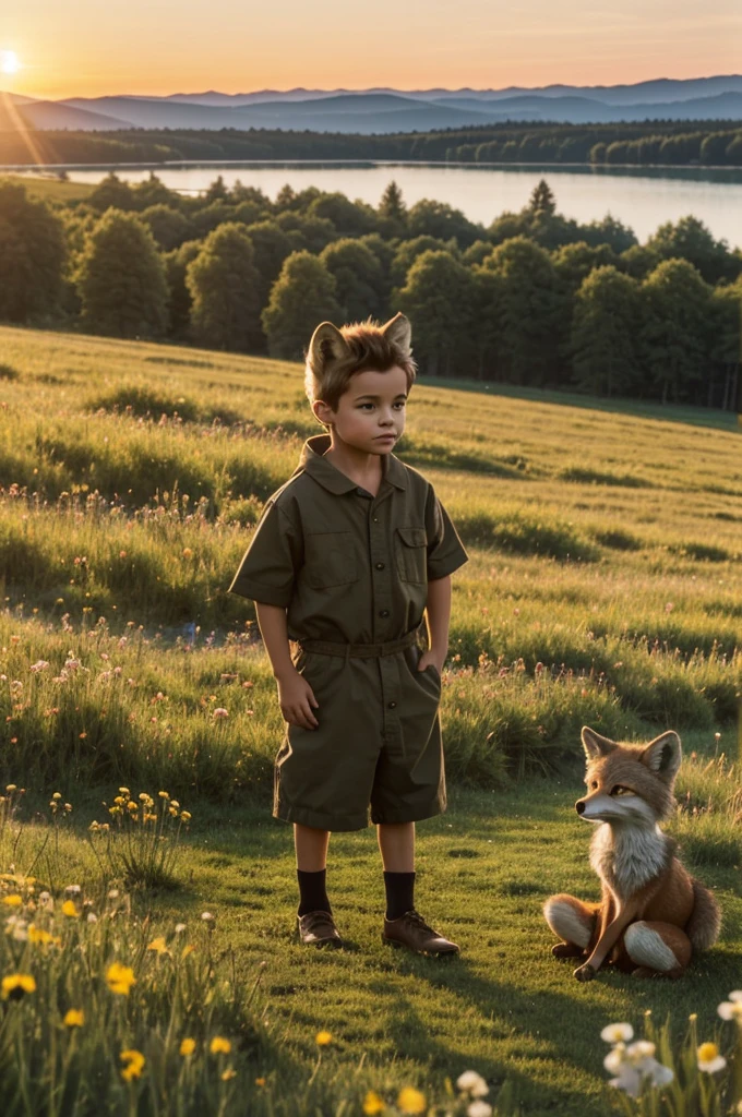 ((best quality)), ((​masterpiece)), (Detailed), An anthropomorphic  wolf boy and an anthropomorphic littleirl sit hand in hand in a meadow by a lake and watch the sunset.