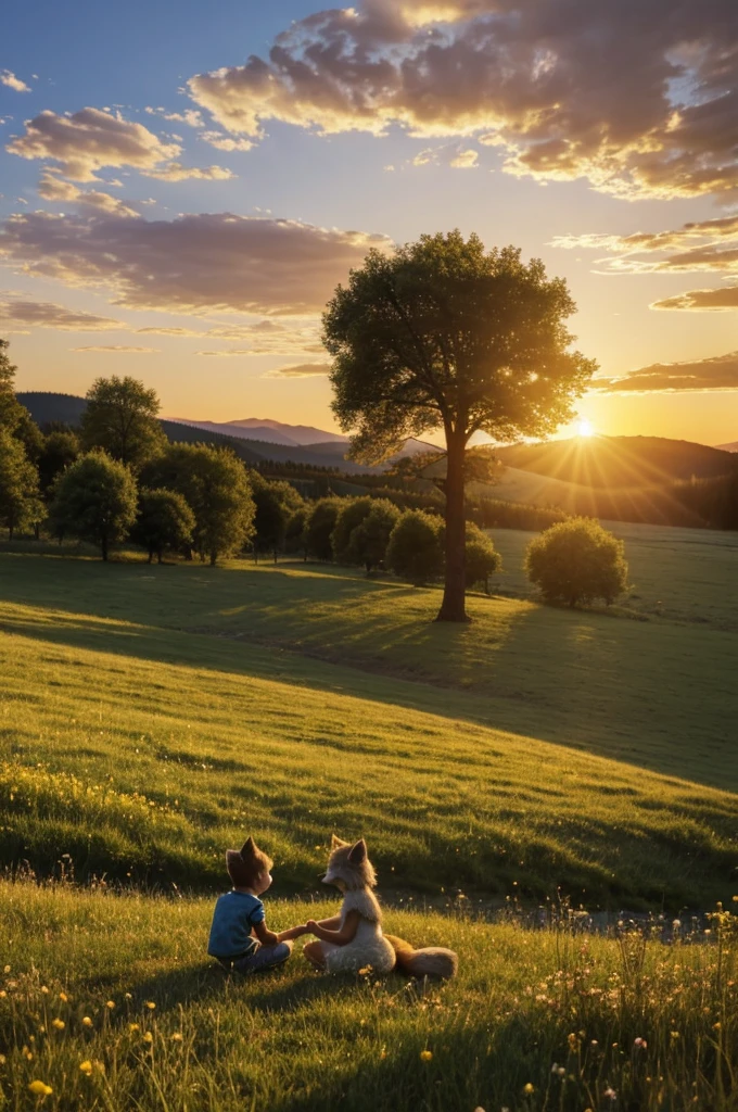 ((best quality)), ((​masterpiece)), (Detailed), An anthropomorphic little wolf boy and an anthropomorphic little fox girl sit hand in hand in a meadow by a lake and watch the sunset.