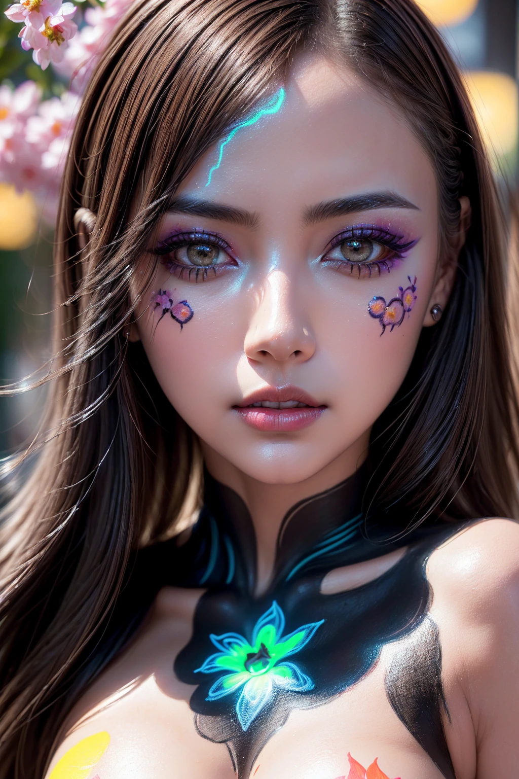 ((portrait of a girl in the dark, ultraviolet light on her)), ((Glowing 3D objects interact with graphics,Super detailed illustrations)),photorealistic Realism 8K, 16K Quality, fashion supermodel, (Glamour, paparazzi taking pictures of her), (ultra absurd quality, extremely detailed detail, hyper resolution, clear sharp focus, not blurry, (perfect round, Realistic brown eyes:1.25)), ((perfect dark_eyeshadows)), (super Detailed, beautiful little nose), (perfect composition), ((creative spring flowers uv portrait glowin neon body art painting:1.45)), ((fluorescent flower clusters printed on her skin: 1.45)), ((fluorescent paint whole body:1.6)), ((A model shows off glowing body paint covering her private parts in a vivid artistic display))),