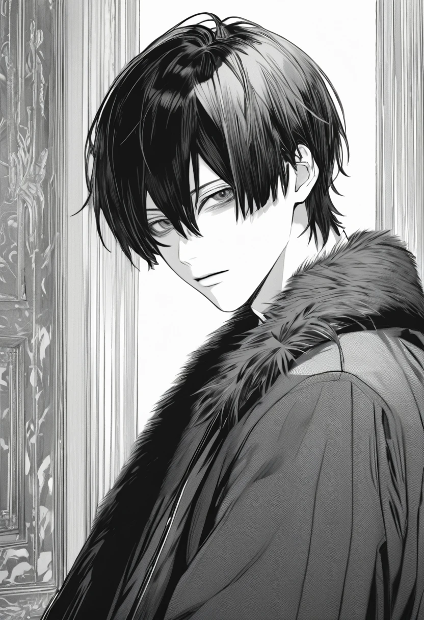 yuto-sano, 1boy, Kaneki, black hair, black suit, black long sleeves, fur coat, elegant, monochrome, solo, greyscale, male focus, looking at viewer