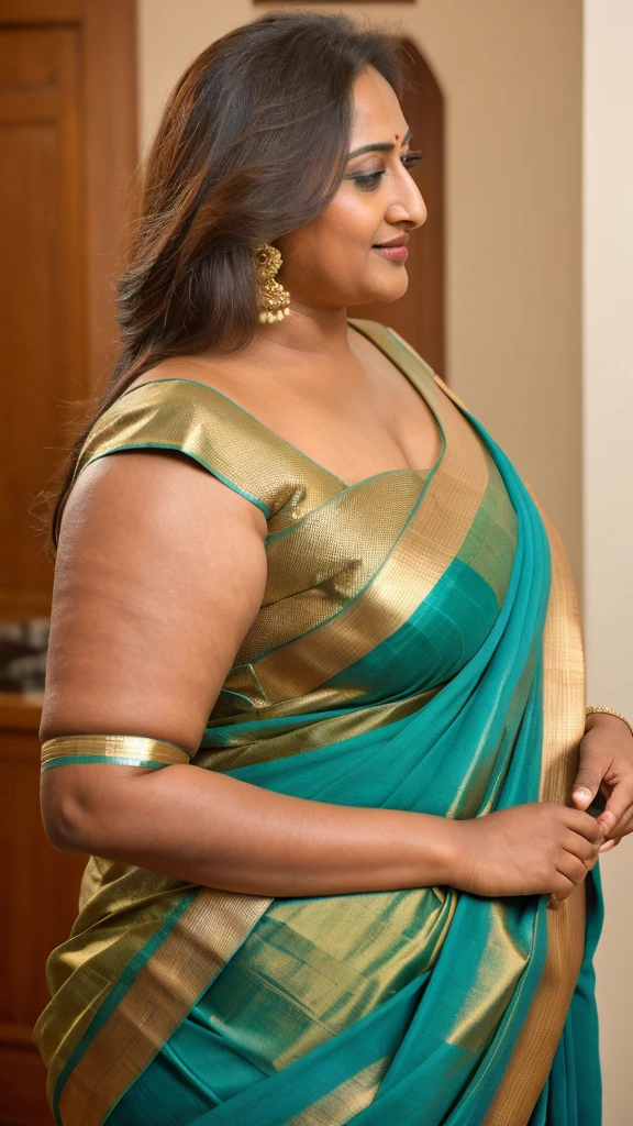 Foto RAW, photorealistic, photography, full body shot, 50 years old Woman, master shot, perfect eyes, goddess like beauty, pierced eyes, perfect thick chubby mallu Desi aunty bhabhi, Wearing a Stanapatta, a chest-band.Saree model, model Photography, Indian saree shoot, Indian traditional wear advertising photography, traditional wear brand shoot, face of Indian actress Sonakshi Sinha, masterpiece, realistic, realism, incredible details,  pleasure, photorealism, detailed skin, skin pores, high contrast, photorealistic Artstation 8k HD digital art trend of high definition and detailed realistic skin texture, ultra detail, realistic skin texture, armature, best quality, ultra high definition, (photorealistic:1.4),, high resolution, detail, raw photo, sweat, Re sharp, by Lee Jefferies Nikon D850 Film Stock Photo 4 Kodak Portra 400 Camera F1.6 Lens Rich Color Ultra Real Realistic Realistic Textures Dramatic Lighting Unreal Engine Trending at Art Station Cinestill 800,(pele altamente detalhada: 1.2), 8k UHD, DSLR, soft-lighting, alta qualidade, grain of film, Fujifilm XT3,she didn't like to wear blouse or bra, she is happy to wear only saree, she hates blouse or bra, detailed hairy armpits, hyper realistic skin, skin pores, sweat, veins, 