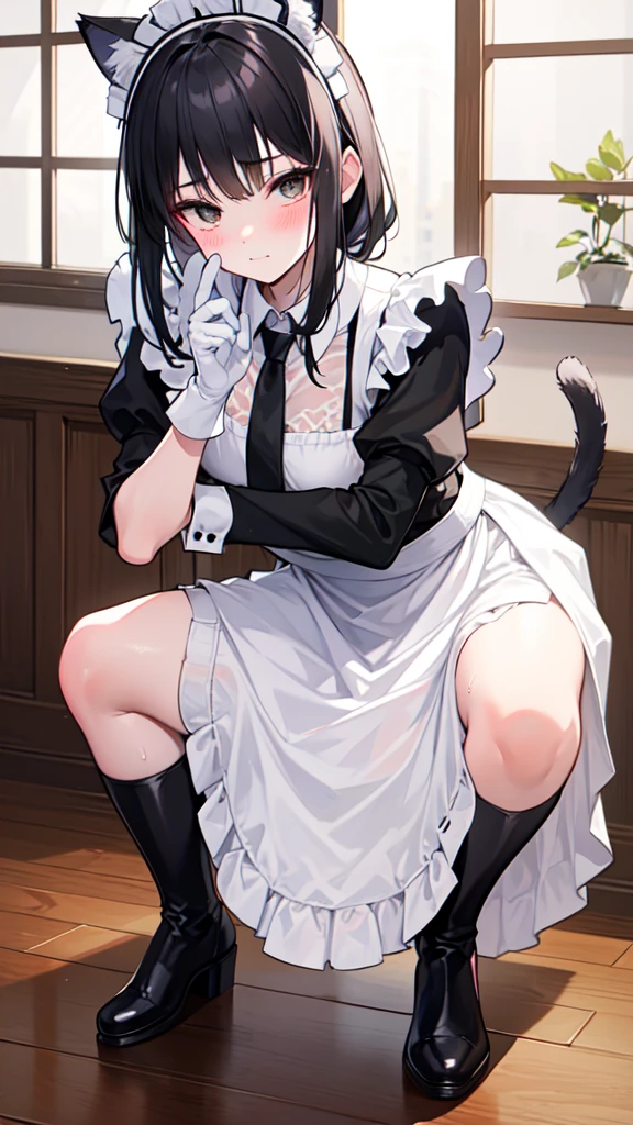 18-year-old boy，cute，Wear the maid outfit and a black work tie，Wear a maid hat，Wear cat ears，Wear black pants，Wear black booties，Wear white gloves，Black hair，Black eyes，blush，sweat，porn pose