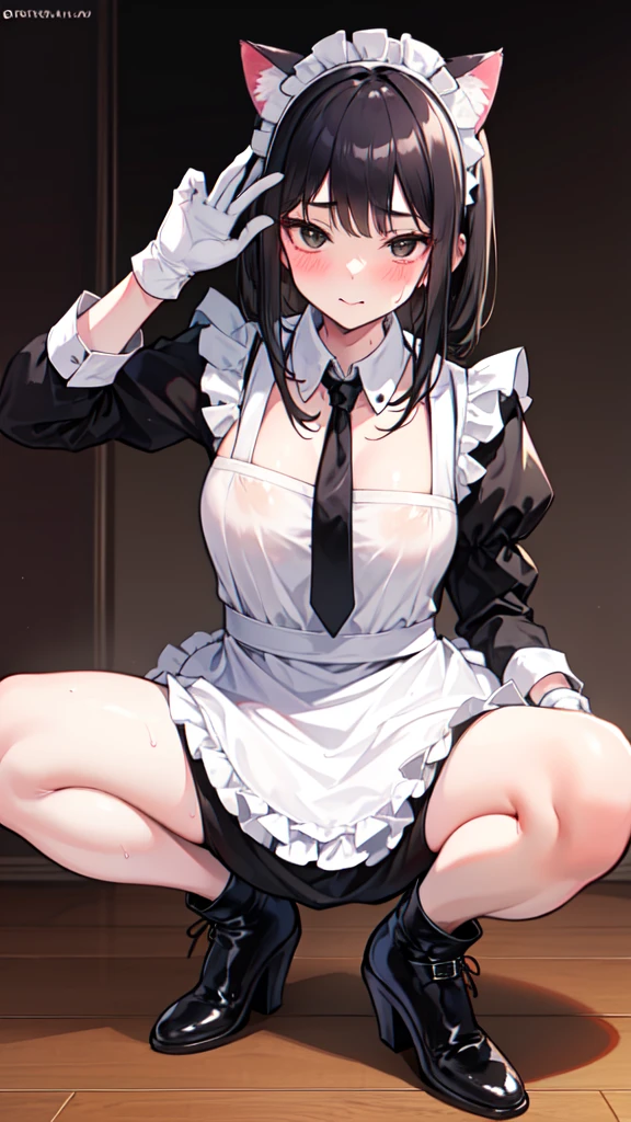 18-year-old boy，cute，Wear the maid outfit and a black work tie，Wear a maid hat，Wear cat ears，Wear black pants，Wear black booties，Wear white gloves，Black hair，Black eyes，blush，sweat，porn pose