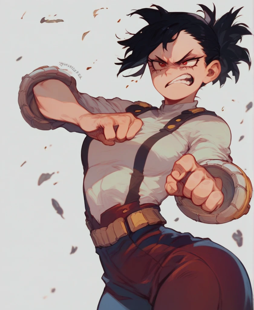 score_9_up, score_8_up, score_7_up, cowboy shot, 1girl,\(boku no hero academia\), black hair, very short hair, tied hair,  red eyes, wide hips, medium breasts, angry,
, source_anime, anime style