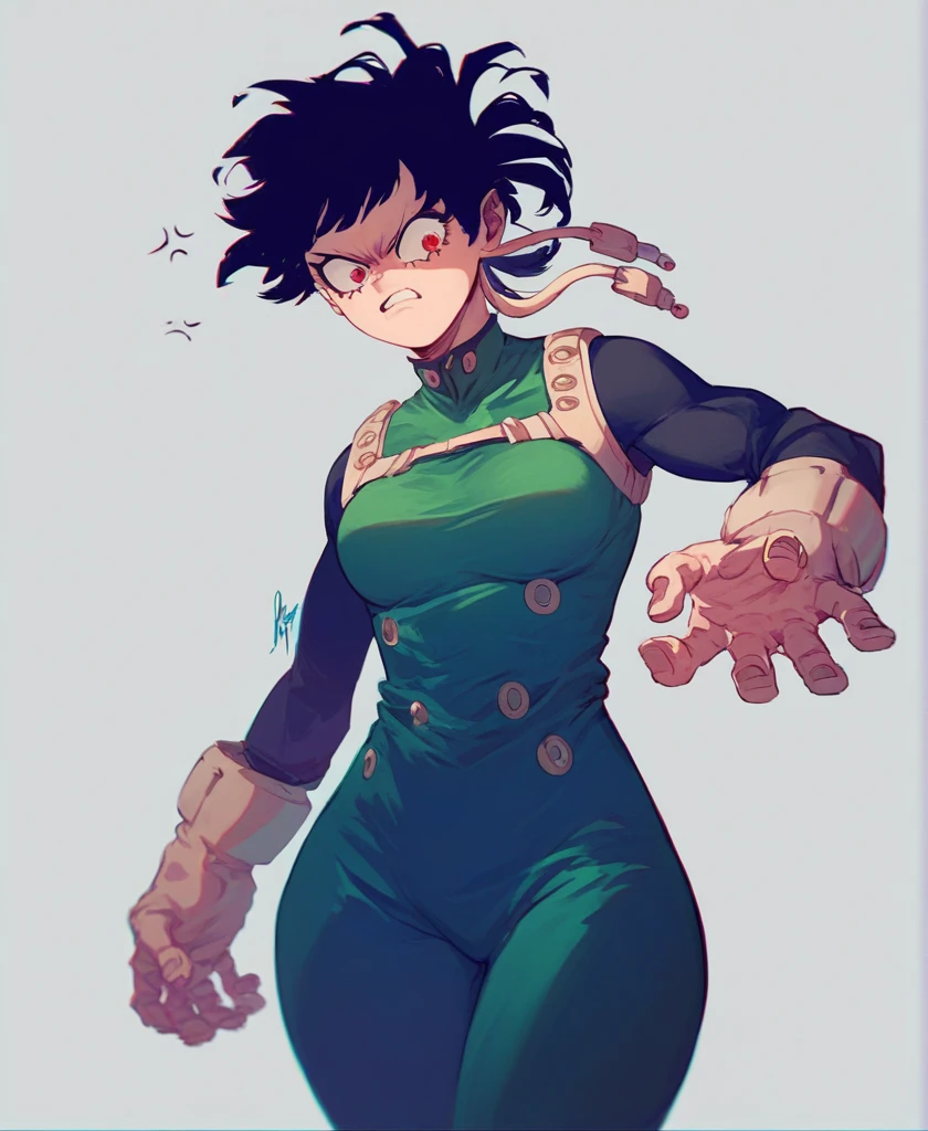 score_9_up, score_8_up, score_7_up, cowboy shot, 1girl,\(boku no hero academia\), black hair, very short hair, tied hair,  red eyes, wide hips, medium breasts, angry,
, source_anime, anime style