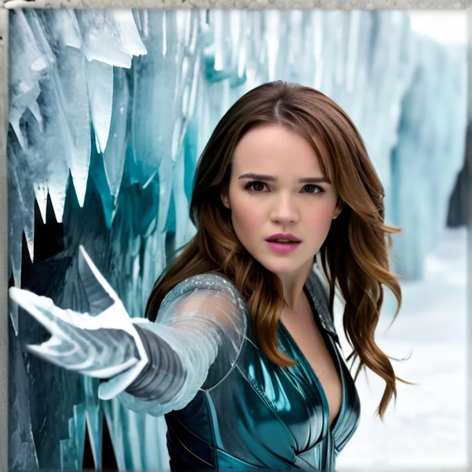 A professional visual FX shot featuring Giant Wall of Ice - Massive Ice Barrier Kay Panabaker - Brown Hair photographed posing Slightly Twisted Torso, Hands Behind Back