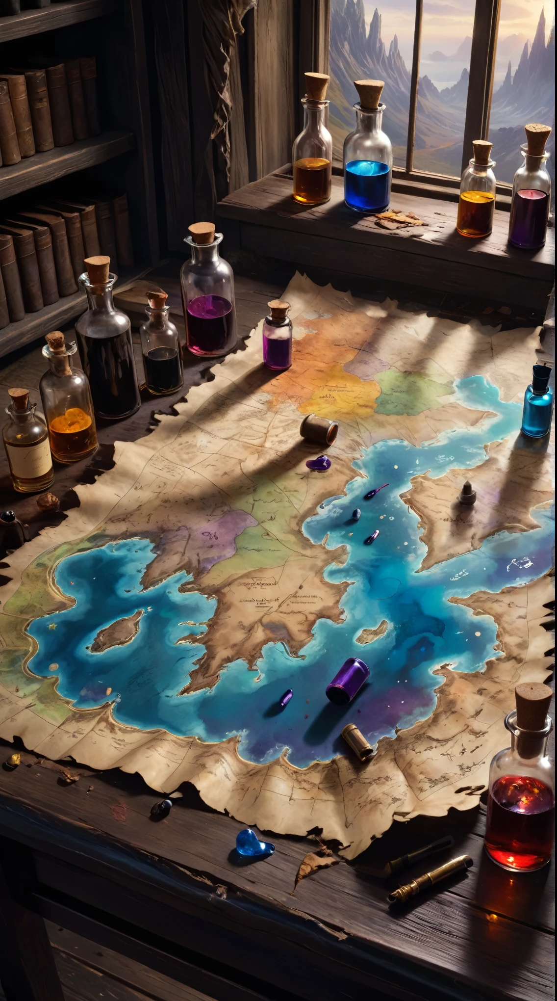 a magical map leading to a mysterious land, torn and worn, sitting on a wizard's desk, spilled multicolored ink, bottles,flasks, high quality, imagination, 8k, fantasy art