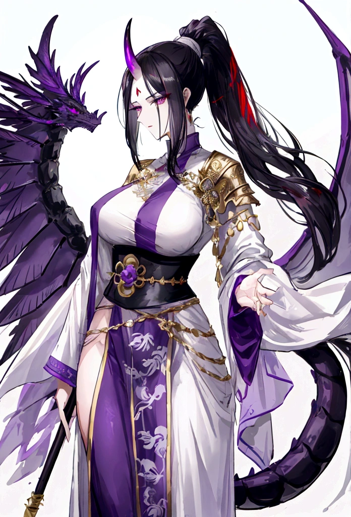 Mature tall woman, a war goddess, black hair with gray streaks, high ponytail, purple eyes, divine light, open white clothes, indifferent gaze, lipstick, dragon horns and tail, spears, reference, full height, phoenix