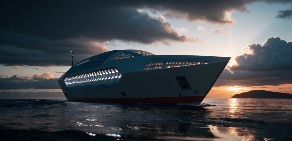 detailed futuristic spaceship,floating in calm ocean,reflecting in water,epic cinematic lighting,dramatic clouds in sky,glowing engine exhaust,complex metallic textures,highly detailed,8k,hyper realistic,cinematic lighting,dramatic atmosphere,moody colors,deep blues and grays