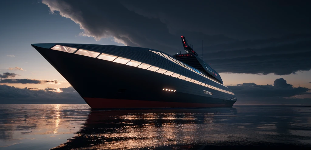 detailed futuristic spaceship,floating in calm ocean,reflecting in water,epic cinematic lighting,dramatic clouds in sky,glowing engine exhaust,complex metallic textures,highly detailed,8k,hyper realistic,cinematic lighting,dramatic atmosphere,moody colors,deep blues and grays