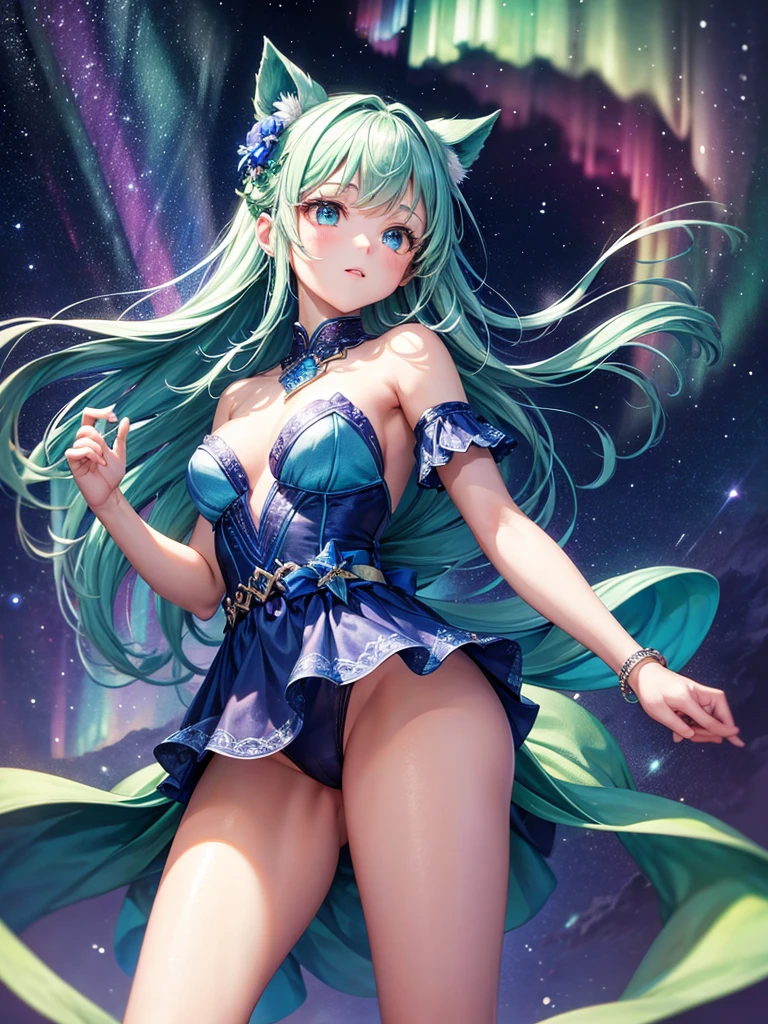 Highest quality,Highest Resolution,A beautiful girl makes a wish on a shooting star,Night Sky,Aurora,Alluring,