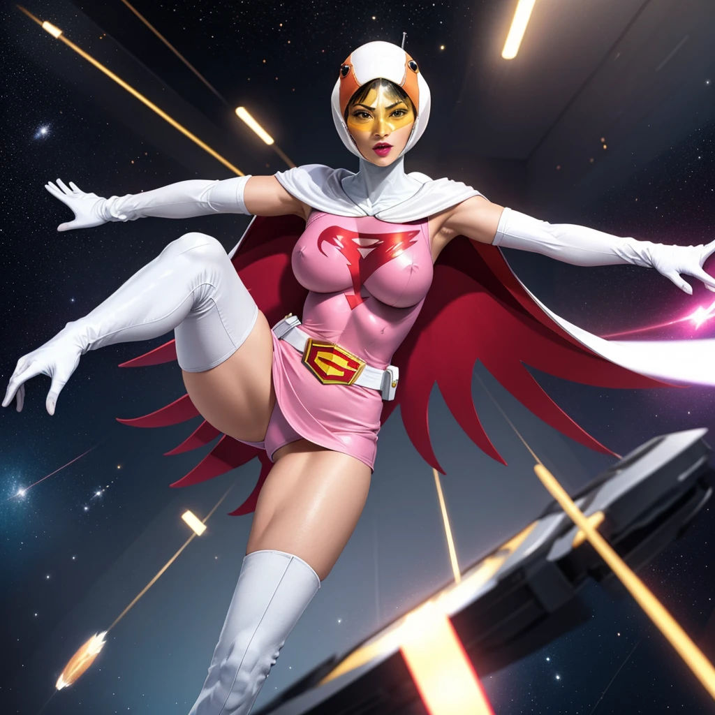 ANI_CLASSIC_jun_gatchaman_ownwaifu,1girl, ,good anatomy, masterpiece, best quality,realistic, hyper realistic, 16k hdr, long hair,breasts,lips,large breasts,lipstick,makeup,gloves,cape,helmet,belt,elbow gloves,white gloves,mask,ultra miniskirt,leotard,spacesuit,white tight overknee highheels boots,pink dress,superhero,bodysuit,cleavage,erected nipples,(kick ass poses),cameltoe