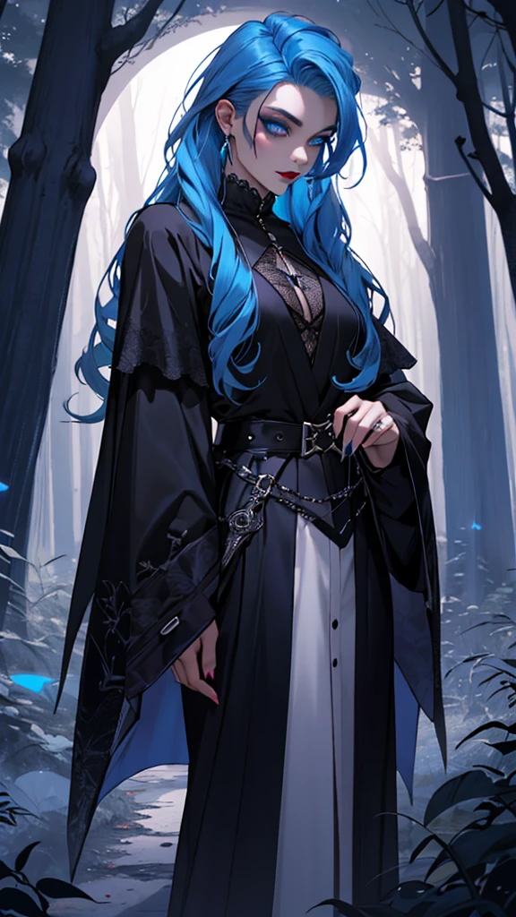 Ultra detailed, clothes details, fashion, goth, makeup, lattin drag queen, hole body, witch, magic, long blue hair, dark clothing, forest, night