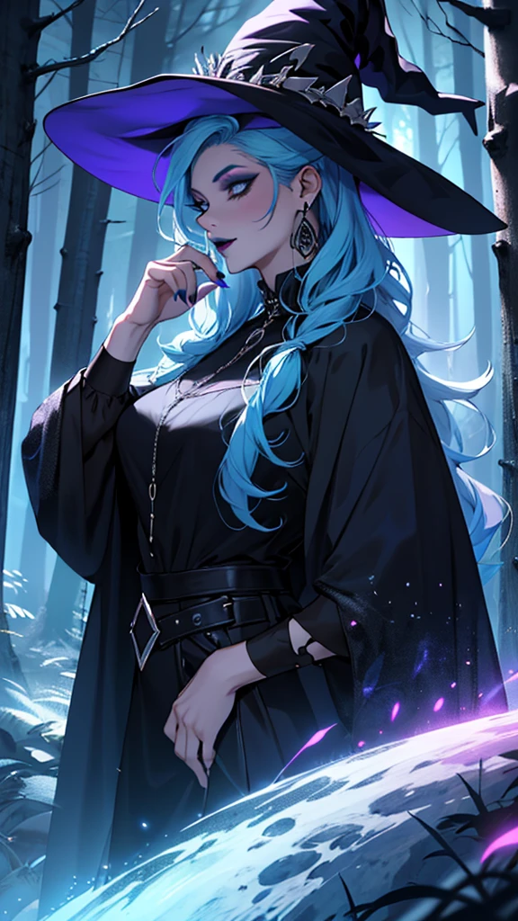 Ultra detailed, clothes details, fashion, goth, makeup, lattin drag queen, hole body, witch, magic, long blue hair, dark clothing, forest, night