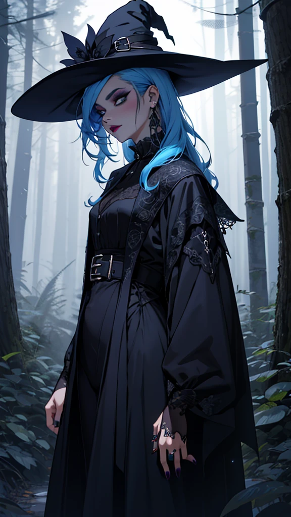 Ultra detailed, clothes details, fashion, goth, makeup, lattin drag queen, hole body, witch, magic, long blue hair, dark clothing, forest, night