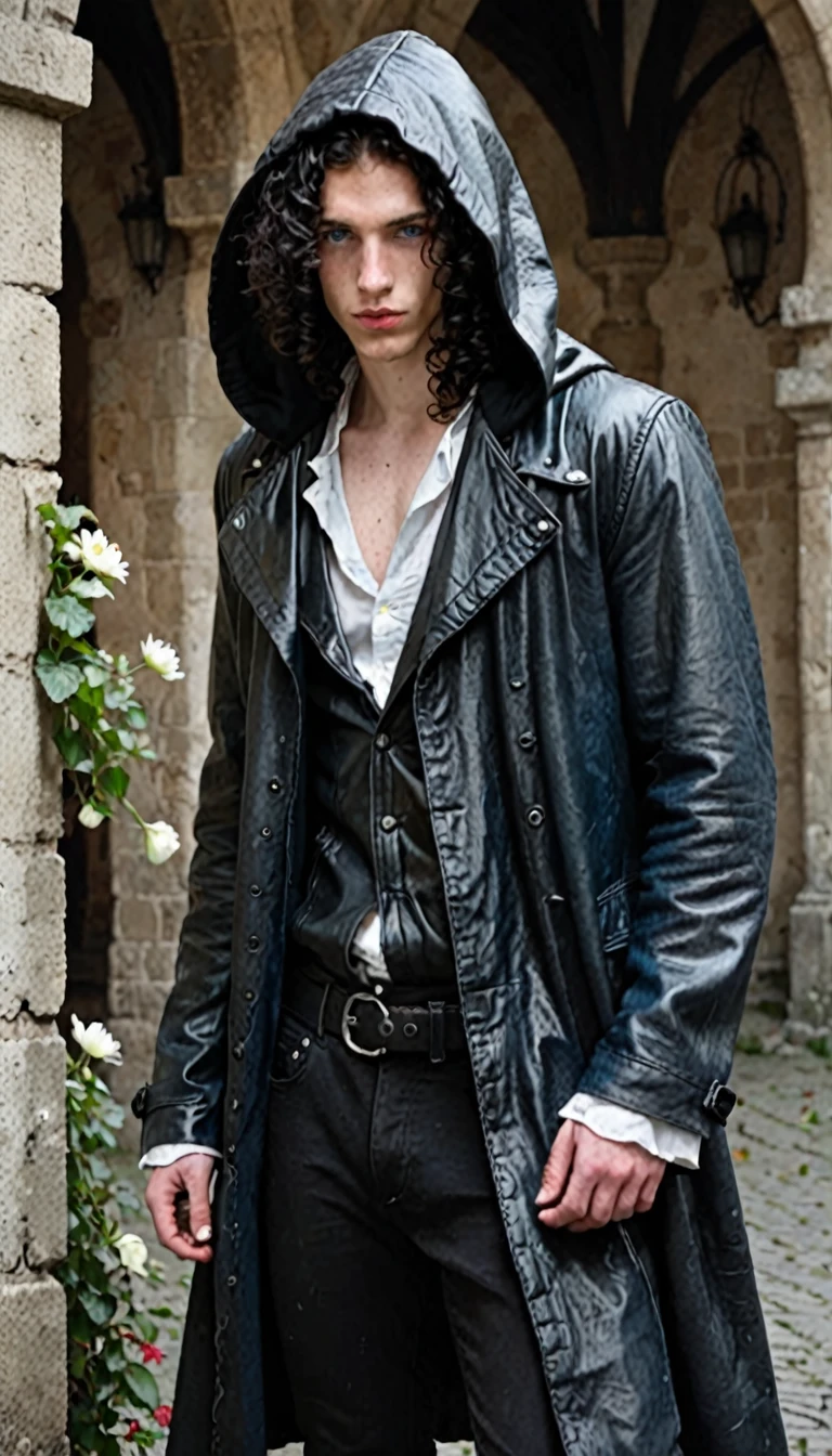  a 24-year-old man of tall stature with long forgotten black curls and gravely ashen skin, dark blue eyes  , in a heavy black leather coat with a hood covering part of his face  , black pants , White shirt with a flower in the image of the Middle Ages