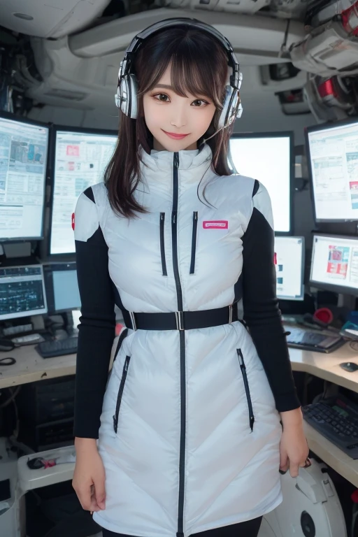 masterpiece, Highest quality, Very detailed, 8K Portrait,Japanese Android Girl,plump , Control panel,Robotic arms and legs, Blunt bangs,,break (Metallic Gray, Metallic luster, Mirror finish, Astro Best):5,headphone:5,break (Black sleeves):100,Smart Watches,Futuristic space station,Control Room,break headphone,blue eyes,(Black Hair):2,(Long Hair):1.3,Displaying the viewer,(respirator),break blush:3,Hidden Hand,smile