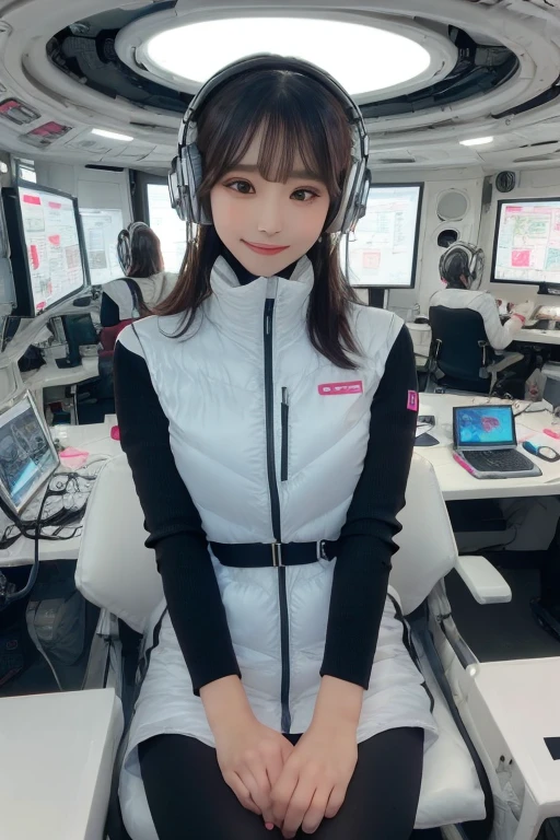 masterpiece, Highest quality, Very detailed, 8K Portrait,Japanese Android Girl,plump , Control panel,Robotic arms and legs, Blunt bangs,,break (Metallic Gray, Metallic luster, Mirror finish, Astro Best):5,headphone:5,break (Black sleeves):100,Smart Watches,Futuristic space station,Control Room,break headphone,blue eyes,(Black Hair):2,(Long Hair):1.3,Displaying the viewer,(respirator),break blush:3,Hidden Hand,smile