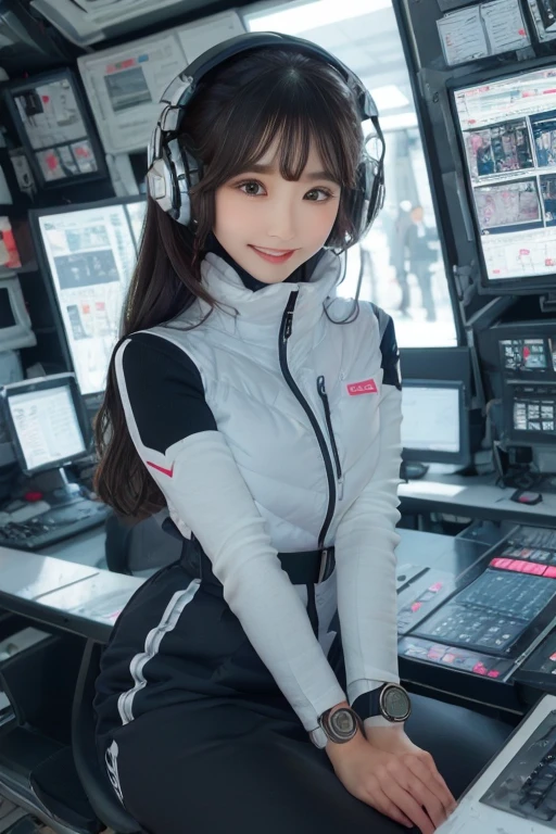 masterpiece, Highest quality, Very detailed, 8K Portrait,Japanese Android Girl,plump , Control panel,Robotic arms and legs, Blunt bangs,,break (Metallic Gray, Metallic luster, Mirror finish, Astro Best):5,headphone:5,break (Black sleeves):100,Smart Watches,Futuristic space station,Control Room,break headphone,blue eyes,(Black Hair):2,(Long Hair):1.3,Displaying the viewer,(respirator),break blush:3,Hidden Hand,smile