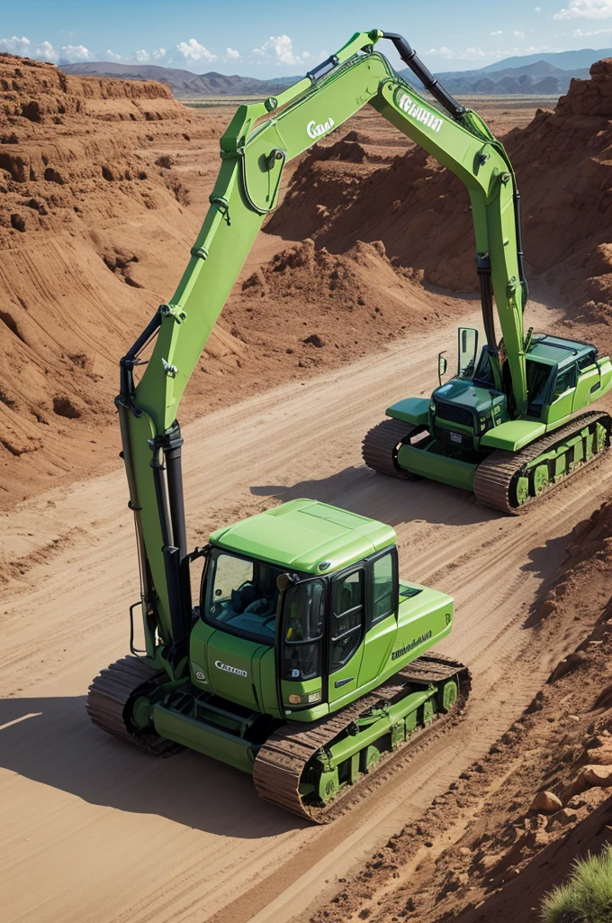 Create an image of a green-colored excavator from a brand called "cauamachines"
