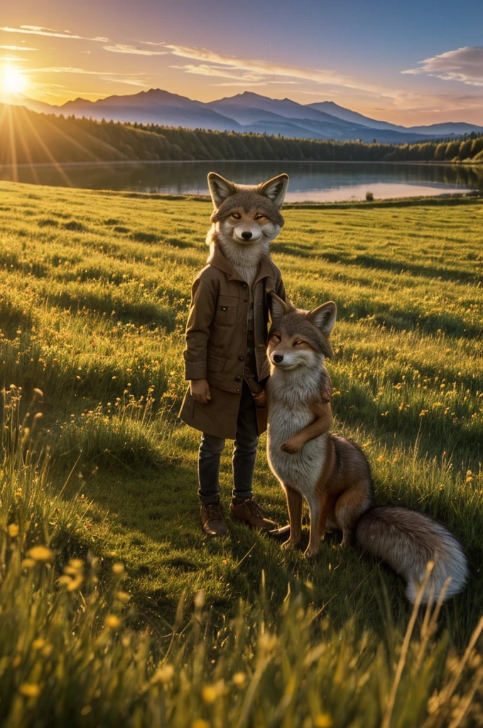 ((best quality)), ((​masterpiece)), (Detailed), An anthropomorphic little wolf boy and an anthropomorphic little fox girl sit hand in hand in a meadow by a lake and watch the sunset.