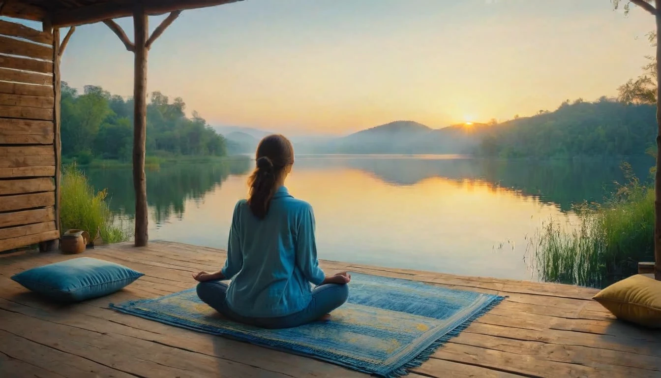 A woman filmed with her back facing the sunrise in a meditative position with nature and a calm lake around her, the woman is sitting on a rug and a cushion on a wooden pier, a color palette s]in shades of blue and yellow.. ultra realistic image,